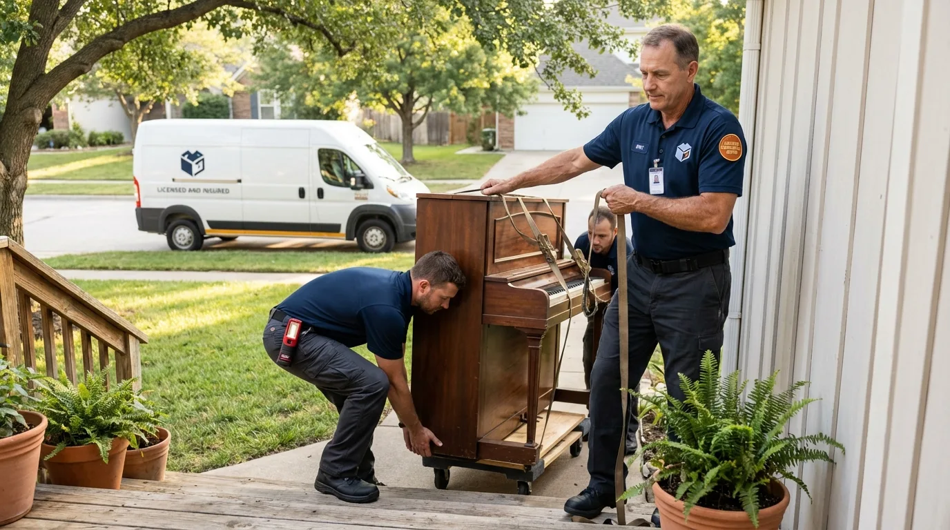 Licensed piano movers securing grand piano in Horsham, PA