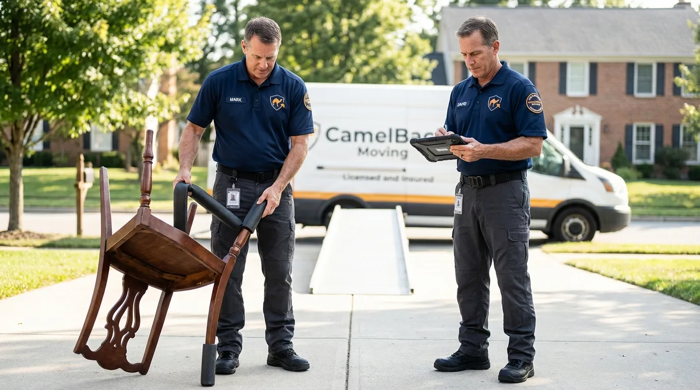 Movers inspecting furniture for damage prevention before loading in Horsham, PA